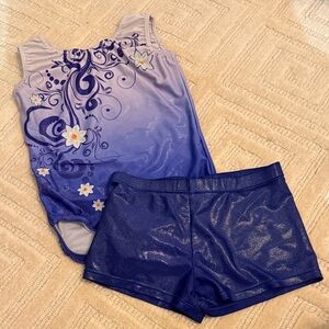 Blue and Purple Floral Gymnastics Leotard and Shorts Set